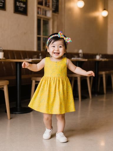 사랑스러운 외모를 지닌 1세 동양인 여아가 화사한 색상의 원피스와 귀여운 리본 머리띠를 착용하고, 아늑한 카페에서 팔을 벌리고 춤추며 행복한 미소를 짓고 있는 전신 사진입니다.