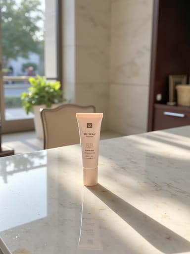 BB크림, 부드러운 크림 질감, 부드러운 베이지 색상, 고급스러운 호텔 로비의 우아한 대리석 테이블 위에 놓여 있으며, 큰 창을 통해 들어오는 자연광, 표면의 반사, 고화질, 포토리얼리즘, 4K