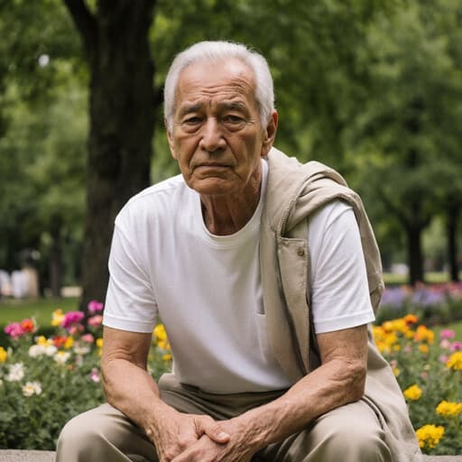 70대 혼혈 남성이 자연스러운 외모를 지니고 편안한 티셔츠와 바지를 입고 가벼운 재킷을 걸친 반신 사진입니다. 그는 걱정스러운 표정을 지으며 깊은 생각에 잠겨 두 손을 무릎 위에 두고 약간 앞으로 숙인 자세를 하고 있습니다. 배경은 푸르른 나무와 화초가 있는 공원으로, 평화로운 분위기가 그의 사색적인 감정을 잘 나타내고 있습니다.