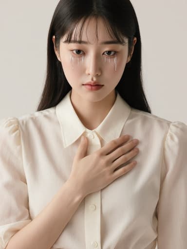 20대 한국인 여성의 반신 사진으로, 자연스러운 외모를 가진 그녀는 모던한 블라우스와 스커트를 착용하고 있습니다. 눈물은 그녀의 얼굴을 따라 흐르고 있으며, 슬픈 표정을 짓고 있습니다. 그녀의 손은 가슴에 대고 깊은 생각에 잠긴 자세를 하고 있습니다. 부드러운 조명이 비추는 깔끔한 스튜디오 배경이 감정적인 분위기를 더해주고 있습니다.