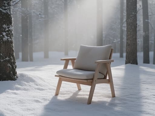 눈 내리는 겨울 숲에서 평화로운 기분의 의자, 가구.
