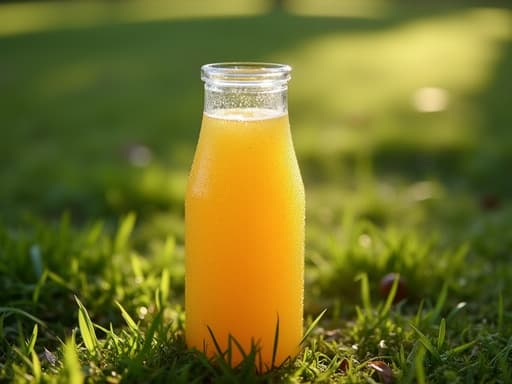 주스 병, 부드러운 녹색 잔디, 봄의 잎사귀, 신선하고 생동감 있으며 고요함