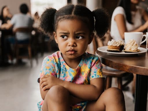 아늑한 카페에 앉아 있는 3세 흑인 여성 어린이의 반신 사진입니다. 그녀는 색색의 프린트가 있는 티셔츠와 편안한 반바지를 입고 있으며, 팔짱을 끼고 입술을 삐죽 내밀며 약간 짜증난 표정을 짓고 있습니다. 그녀는 다리를 뻗고 앞에 놓인 음식을 바라보고 있으며, 배경에는 다른 손님들과 디저트로 가득한 아늑한 카페가 있습니다.