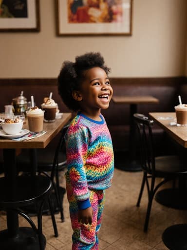 화사한 색상의 잠옷을 입은 3세 아프리카계 여성 어린이가 아늑한 카페에서 서서 주변을 바라보며 즐거운 표정을 짓고 있는 모습의 전신 사진입니다.