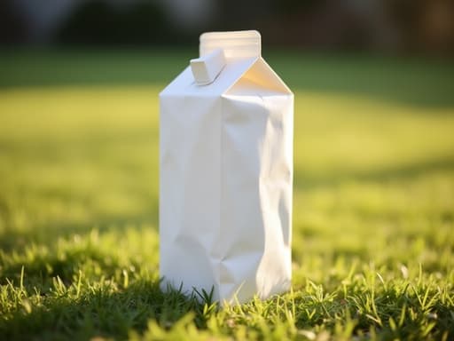 우유 팩, 식품, 따뜻한 오후의 햇살, 흐릿한 초록 잔디, 평온하고 초대하는