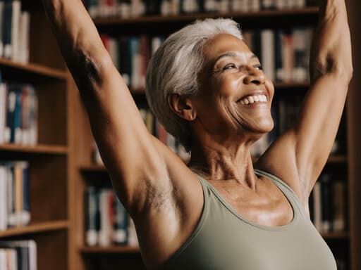 50대 흑인 여성이 자연스러운 아름다움을 발산하며 편안한 요가복을 착용하고 활기찬 표정을 짓고 있는 반신 촬영. 그녀는 요가 자세를 취하며 손을 위로 뻗고 있어 평온함과 활력을 느끼고 있습니다. 배경은 조용한 도서관으로 정리된 책장들이 보이며, 그녀의 기쁜 표정과 요가 연습을 잘 어우르는 평화로운 분위기를 자아냅니다.