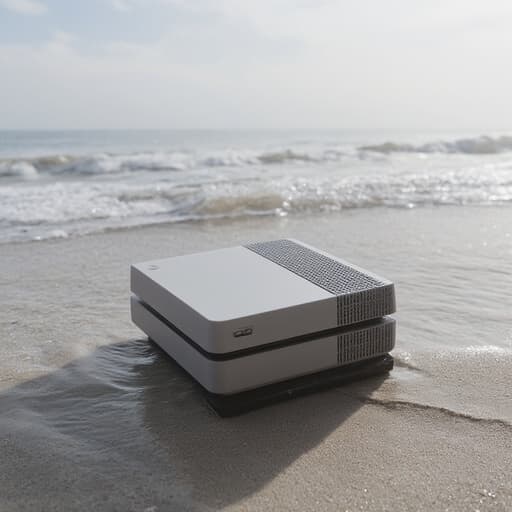 게임 콘솔이 파도가 몰아치는 해변에 놓여 있고, 생동감 넘치고 에너지 가득한 분위기.