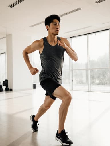 밝은 요가 스튜디오에서 달리기를 준비하는 짜증난 표정을 지닌 20대 동양인 남성이 운동 복을 입고 있는 반신 사진입니다.