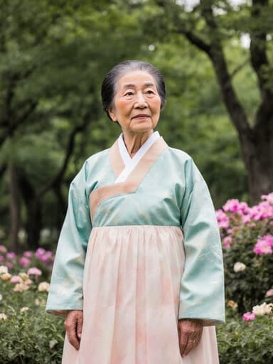 80대 동양인 여성의 차분한 전신 사진, 부드러운 파스텔톤의 한복을 입고 아름다운 공원에서 우아하게 서 있는 모습, 푸른 나무와 화사한 꽃들로 둘러싸여 있으며 평화로움과 지혜를 표현하고 있습니다.