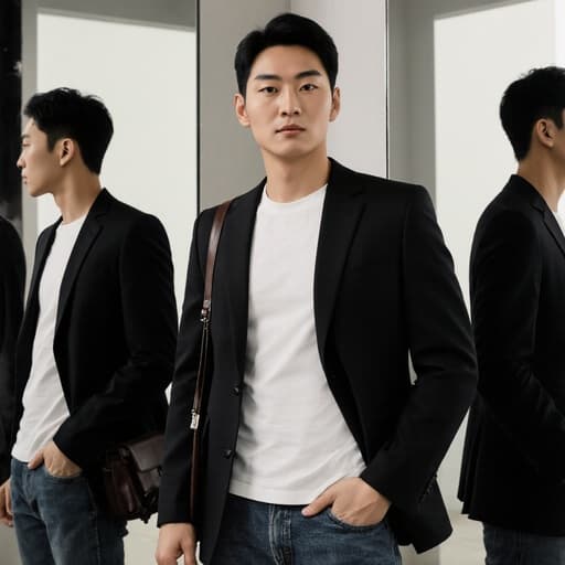 30대의 자신감 있는 동양인 남성이 세련된 블랙 재킷과 흰색 티셔츠, 모던한 청바지를 입고 반신을 보여주는 포즈를 취하고 있습니다. 그는 왼쪽 어깨에 가방을 메고 오른손으로 가방의 스트랩을 가볍게 잡고 있습니다. 세련된 분위기를 자아내는 미러룸 배경이 이미지의 우아함을 더욱 강조합니다.