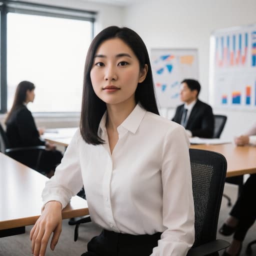 20대 동양인 여성 한 명이 깔끔한 블라우스와 정장 바지를 입고 회의 테이블에 앉아 손을 올리고 있습니다. 그녀는 자신감 넘치는 표정을 지으며 동료들과 함께 프레젠테이션 준비에 적극적으로 참여하고 있습니다. 현대적인 회의실에서 협력적이고 전문적인 분위기가 드러나며, 배경에는 발표 내용이 논의되는 세부 사항이 자연스럽게 포함되어 있습니다.