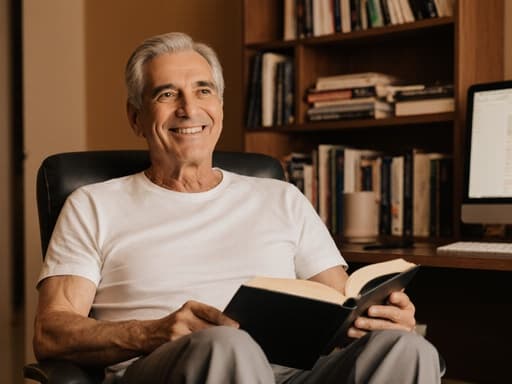 60대 라틴계 남성이 편안한 티셔츠와 슬랙스를 입고 아늑한 집 사무실에서 책을 읽으며 자연스럽게 미소 짓고 있습니다. 책장과 컴퓨터가 있는 환경에서 편안하고 생산적인 분위기를 잘 담고 있습니다.