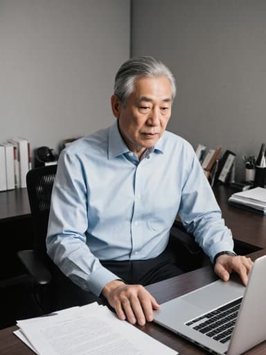 50대의 차분하고 집중한 동양인 남성이 깔끔한 셔츠와 정장 바지를 입고 현대적인 사무실 책상에 앉아 손을 살짝 테이블에 올려놓고 노트북 화면을 응시하고 있는 반신 촬영, 정돈된 사무용품과 문서가 있는 세련된 사무환경이 배경입니다.