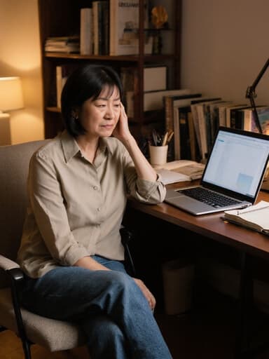 40대 동양인 여성의 반신 샷으로, 캐주얼한 블라우스와 청바지를 입고 노트북을 바라보며 스트레스를 받은 표정을 짓고 있습니다. 배경의 스터디룸은 책과 사무용품으로 가득 차 있어 바쁜 작업 공간의 분위기를 만들어냅니다. 부드럽고 자연스러운 조명이 그녀의 특징을 강조하며 전체적인 장면의 맥락을 향상시킵니다.