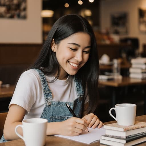 10대 초반의 라틴계 소녀가 반신 샷으로 담겨 있으며, 캐주얼한 티셔츠와 청바지를 입고 밝은 미소를 지으며 노트에 글을 쓰고 있는 모습이 아늑한 카페 내부에서 커피와 책들로 둘러싸여 즐겁고 집중된 분위기를 자아냅니다.