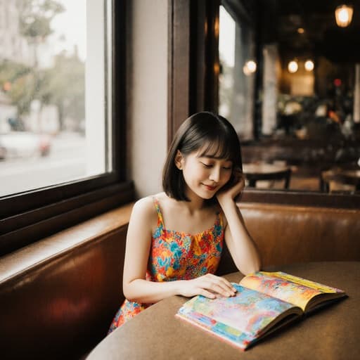 20대 귀여운 한국 여성이 밝은 드레스를 입고 아늑한 카페의 창가에 앉아 색깔 책을 바라보며 순수한 미소를 짓고 있습니다. 아늑한 분위기와 부드러운 조명이 그녀의 밝은 매력을 더욱 돋보이게 합니다.