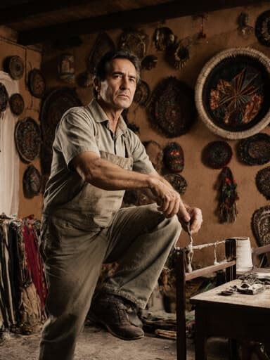 70세의 라틴계 남성이 편안한 작업복을 입고 아늑한 거실에서 전통 공예 도구를 사용하며 점프하는 모습. 주변의 아름다운 공예 작품들을 바라보며 자연스러운 무관심한 표정을 짓고 있습니다.