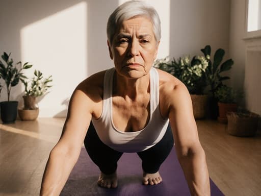 50대 혼혈 여성의 반신 촬영으로, 편안한 요가복을 입고 요가 매트 위에서 요가 자세를 취하며 약간의 실망감을 표현하고 있는 모습입니다. 아늑한 침실에서 부드러운 조명과 장식이 어우러져 차분한 분위기를 자아냅니다.