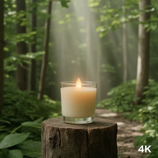 수수한 나무 그루터기 위에 놓인 촛불은 부드러운 왁스 질감과 부드러운 깜빡이는 불꽃을 가지고 있으며, 여름 숲속 오솔길에서 나뭇잎 사이로 부드러운 햇살이 스며들어 고요하고 평화로운 분위기를 만듭니다.