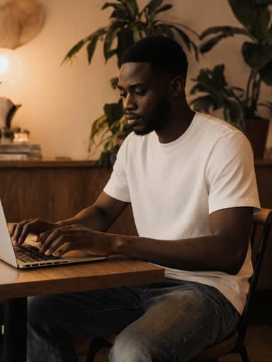 20대 아프리카계 남성이 캐주얼한 복장을 하고 카페 테이블에 앉아 노트북으로 작업하며 차분한 표정을 짓고 있는 아늑하고 따뜻한 집 안의 모습, 식물이 있는 공간.