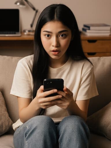 생기 넘치는 10대 초반의 라틴계 소녀가 따뜻한 집 사무실의 소파에 앉아 있습니다. 그녀는 편안한 티셔츠와 청바지, 스니커즈를 신고 있으며, 스마트폰을 바라보며 놀란 표정을 짓고 있습니다. 배경에는 노트북과 책들이 놓인 책상이 있어 아늑한 분위기를 더하고 있습니다.