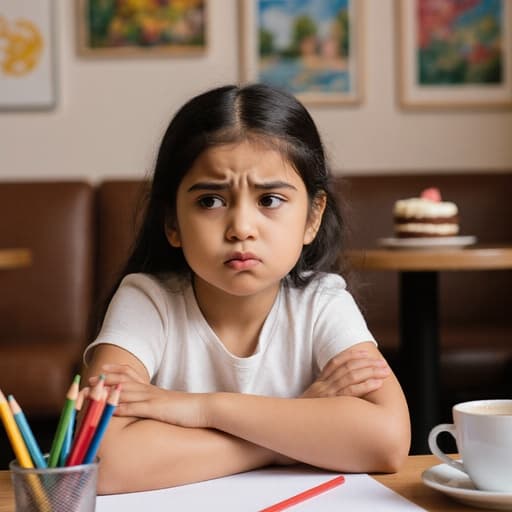 7세의 라틴계 소녀가 아늑한 카페 바닥에 팔짱을 끼고 앉아 있는 반신 사진입니다. 그녀는 화려한 색상의 티셔츠와 편안한 반바지를 입고 운동화를 신고 있습니다. 짜증난 표정으로 입술을 삐죽 내밀고 눈썹을 찌푸린 모습이 인상적입니다. 그녀의 앞에는 종이와 색연필이 놓여 있어 장난기 가득한 요소를 더합니다. 카페 내부는 벽에 여러 그림이 걸려 있고, 가까운 테이블에는 커피와 케이크가 놓여 있어 따뜻하고 초대하는 분위기를 만들어냅니다.