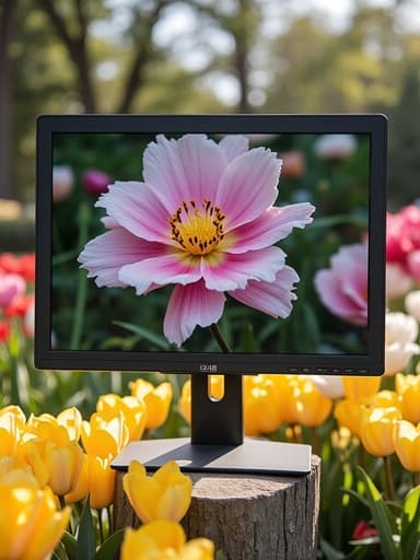 생기 넘치는 봄꽃 만발한 정원 중앙에 배치된 초현실적인 모니터, 밝고 상쾌한 분위기.