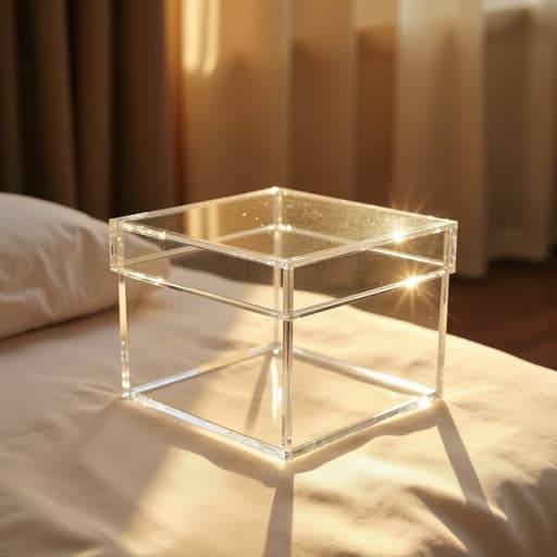 일몰의 황금빛 배경에 중심에 위치한 투명 아크릴 정리함, 따뜻하고 평화로우며 초대하는 분위기를 자아냅니다.