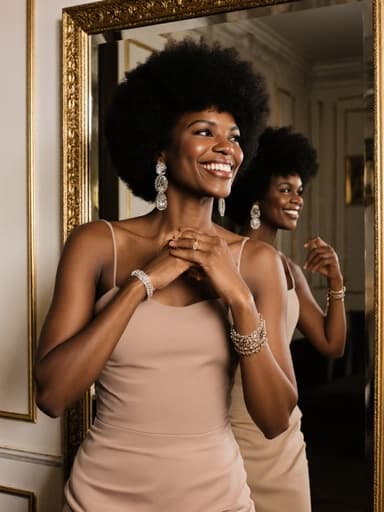 우아하게 꾸며진 방의 거울 앞에서 자신감 넘치고 매력적인 30대 흑인 여성이 트렌디한 의상을 입고 gracefully 춤추며 자신을 바라보는 전체적인 모습입니다.