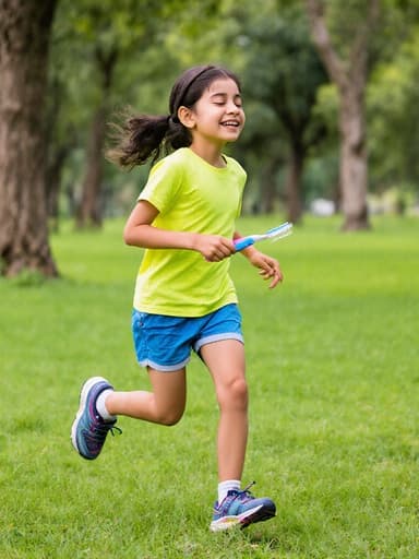 7세 중동계 여아의 반신 사진, 자연스러운 외모에 밝은 색상의 티셔츠와 반바지, 운동화를 착용하고 있습니다. 졸린 표정으로 눈을 살짝 감고, 이 닦기 도구를 들고 푸르른 공원에서 놀며 달리고 있습니다. 나무와 잔디로 둘러싸인 평화로운 풍경이 그녀의 장난기 가득한 모습과 잘 어우러져 활기차고 매력적인 장면을 만들어냅니다.