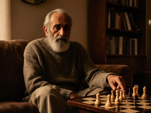 이 이미지는 80대 중동계 남성이 편안한 니트 스웨터와 면바지를 입고 아늑한 거실에 다리를 꼬고 앉아 있는 모습을 보여줍니다. 슬픈 표정을 지으며 체스판을 바라보며 체스 말을 가리키고 있으며, 따뜻한 조명이 비추는 소파와 책장으로 둘러싸인 깊은 사고의 순간을 잘 드러냅니다.