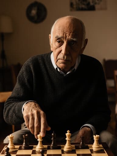 이미지에는 70대 라틴계 남성이 편안한 니트 스웨터와 슬랙스를 입고, 체스 기물을 가리키며 슬픈 표정을 짓고 있는 모습이 담겨 있습니다. 아늑하게 조명이 비추는 거실에서 체스를 두며 사색에 잠긴 분위기를 연출하고 있습니다.