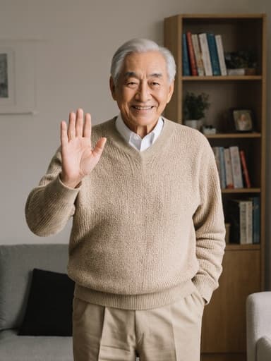 70대 한국인 남성이 편안한 니트 스웨터와 슬랙스를 입고 지혜로운 표정을 짓고 손을 흔들며 인사하는 모습의 반신 사진. 배경은 소파와 책장이 있는 아늑한 거실로, 따뜻하고 초대하는 분위기를 만들어냅니다.