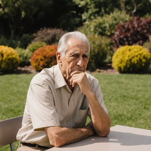 반신 샷으로 아름다운 정원에 앉아 있는 60대의 자연스러운 라틴계 남성을 담고 있습니다. 그는 편안한 캐주얼 셔츠와 바지를 입고 있으며, 실망한 표정을 지으며 턱을 손에 받치고 깊은 생각에 잠겨 있습니다. 푸른 잔디와 화초가 어우러진 평화로운 정원에서의 순간을 포착하고 있습니다.