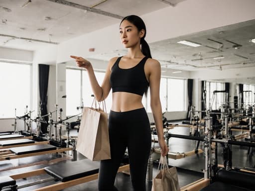 자신감 넘치는 10대 후반 아시아계 여성 모델이 스포티한 의상을 입고 쇼핑백을 들고 필라테스 기구를 보여주는 모습이 현대적인 스튜디오에서 포착되었습니다. 그녀의 세련된 표정과 자세는 활동적이고 트렌디한 라이프스타일을 전달합니다.