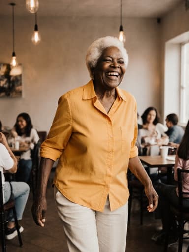 70대 흑인 여성의 전체 몸shot로, 편안한 캐주얼 의상을 입고 행복하게 달리고 있는 모습이 카페의 아늑한 분위기 속에서 다른 손님들과 함께 가족과의 즐거운 순간을 포착한 이미지입니다.