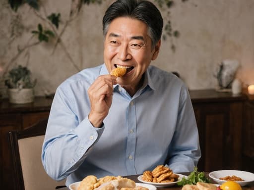 50대 한국인 남성이 아늑한 다이닝룸에서 다양한 간식을 즐기는 반신 촬영입니다. 그는 깔끔한 셔츠와 캐주얼한 바지를 입고 자연스럽고 매력적인 모습을 보여줍니다. 그의 열정적인 표정은 맛있는 간식을 즐기고 옷을 편안하게 조정하는 모습에서 나타납니다. 배경은 여러 간식이 놓인 테이블이 있는 따뜻한 다이닝 분위기를 제공하여 매력적이고 상업적인 이미지를 만듭니다.