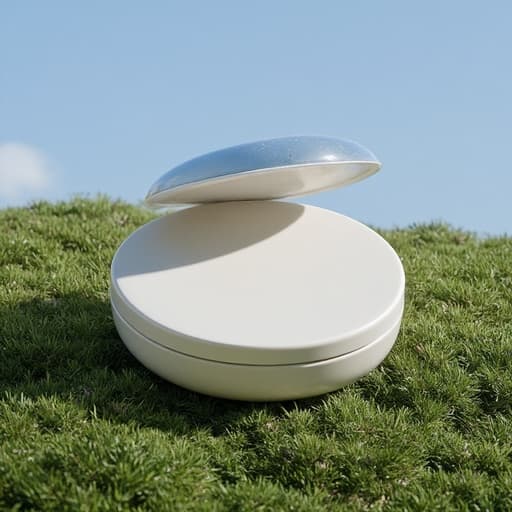 맑은 하늘과 푸른 잔디밭에 놓인 선케어 쿠션, 밝고 신선한 분위기.