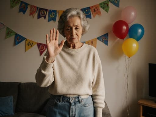 50대 혼혈 여성이 편안한 캐주얼 복장을 착용하고, 의기소침한 표정을 지으면서도 주위를 둘러보며 손을 흔들며 인사하고 있는 모습의 반신 사진입니다. 배경은 생일 장식으로 아름답게 꾸며진 아늑한 거실로, 따뜻하고 초대하는 분위기를 자아냅니다.