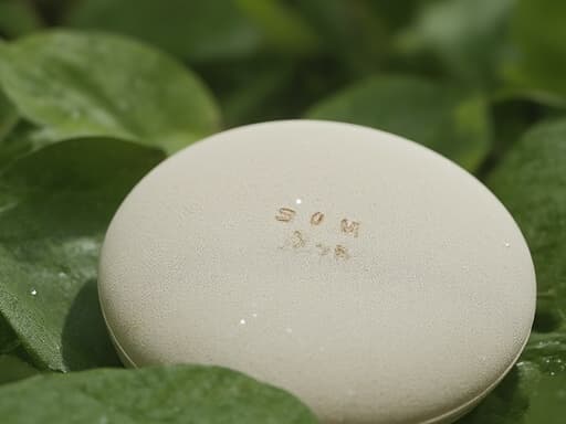 선케어 쿠션, 부드러운 매트 텍스처, 미세한 광택, 아침 이슬이 맺힌 푸른 정원, 고요함, 신선함, 재충전