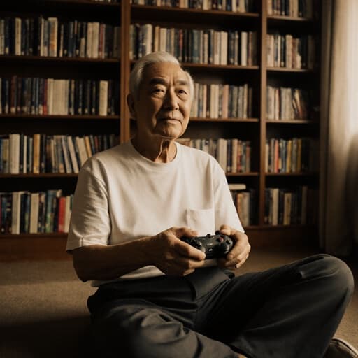 60대 한국인 남성이 아늑한 도서관 바닥에 앉아 편안한 티셔츠와 바지를 입고 게임 컨트롤러를 들고 평온한 표정을 짓고 있는 반신 촬영 이미지입니다. 책으로 가득한 공간에서 여유와 즐거움을 느끼는 모습입니다.