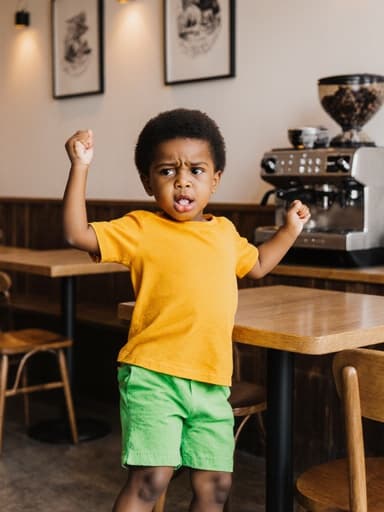 아늑한 카페 테이블 옆에서 춤추고 있는 귀여운 3세 아프리카계 남성 아이의 반신 사진. 밝은 색상의 티셔츠와 반바지를 입고 있으며, 약간 짜증난 표정을 짓고 있는 모습이 나무 가구와 커피 머신이 있는 아늑한 카페 내부의 따뜻한 분위기를 만들어냅니다.
