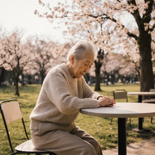 80대 한국인 여성의 반신 샷으로, 부드러운 색감의 니트 스웨터와 편안한 바지를 착용하고 카페 테이블에 손을 얹고 앉아 있습니다. 가족의 전통을 회상하며 슬픈 표정을 짓고 있으며, 따뜻한 햇살이 비치는 나무와 꽃이 어우러진 평화로운 공원이 배경으로 펼쳐져 있습니다.