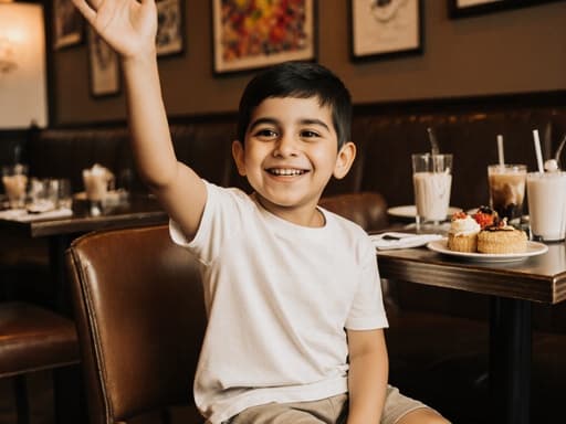 아늑한 카페에서 티셔츠와 반바지를 입은 7세 중동계 남자아이가 밝게 웃고 손을 흔들며 춤추는 듯한 모습으로, 음료와 디저트가 가득한 따뜻한 분위기의 배경 속에서 행복을 표현하고 있습니다.