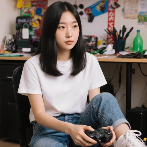 자신감 넘치는 10대 초반의 동양인 소녀가 캐주얼한 티셔츠와 청바지, 귀여운 스니커즈를 입고, 게임 컨트롤러를 손에 들고 앉아 있는 모습. 스터디룸의 다양한 게임 관련 용품들이 배치된 공간에서 우아함과 흥분을 발산하고 있습니다.