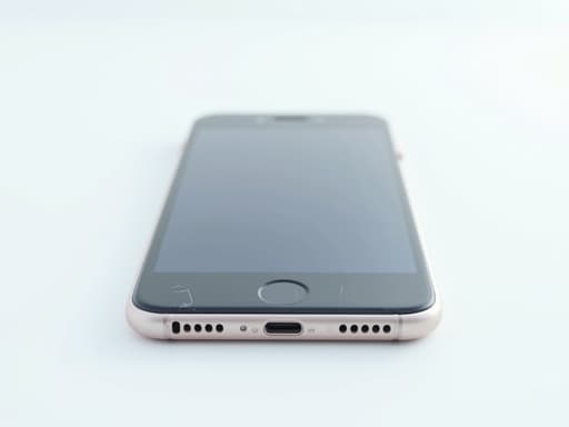 미니멀 화이트 스튜디오 배경의 스마트폰, 부드러운 자연광과 미세한 반사로 깨끗하고 현대적이며 고요한 분위기를 연출합니다.