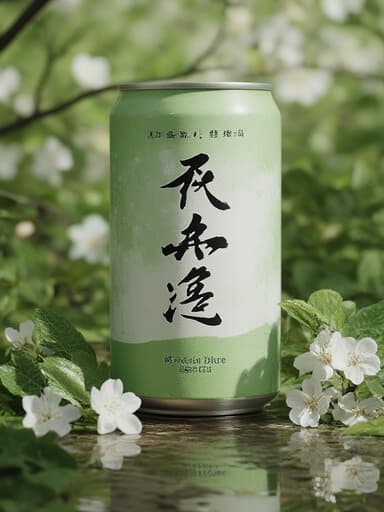 일본식 정원에서 우아한 벚꽃에 둘러싸인 가운데 위치한 음료 캔, 부드러운 자연광이 나뭇잎 사이를 비추어 차분하고 평화로운 분위기를 연출합니다.