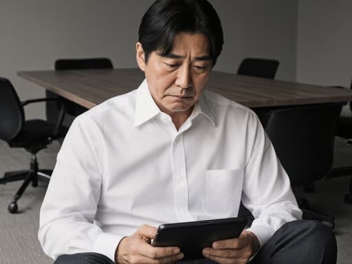 50대 한국인 남성이 현대적인 회의실 바닥에 앉아 태블릿을 바라보며 슬픈 표정을 짓고 있습니다. 그는 깔끔한 흰색 셔츠와 어두운 색 슬랙스를 착용하고 있으며, 중간 길이의 머리와 주름진 자연스러운 외모가 감정의 깊이를 더해주고 있습니다. 배경의 현대적인 가구가 전체적인 분위기를 더욱 부각시킵니다.