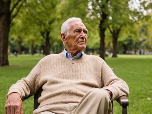 편안한 공원에 앉아 있는 80대 혼혈 남성의 반신 사진, 니트 스웨터와 면바지를 입고 무관심한 표정으로 멀리 바라보며, 푸르른 나무와 잔디로 둘러싸인 모습.