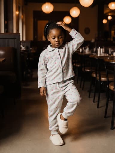 7세 아프리카계 여성의 전신 사진으로, 편안한 파자마와 슬리퍼를 착용하고 졸린 매력을 발산하며 아늑한 카페 환경에 있습니다. 한 손으로 머리를 받치고 다른 쪽 다리를 살짝 들어 올리며 장난스럽게 포즈를 취하고 있습니다. 따뜻하고 초대하는 카페 장식으로 둘러싸여 있습니다.